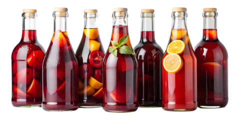 Collection of Six Glass Bottles Filled with Fresh Sangria with Fruit Slices on White Background