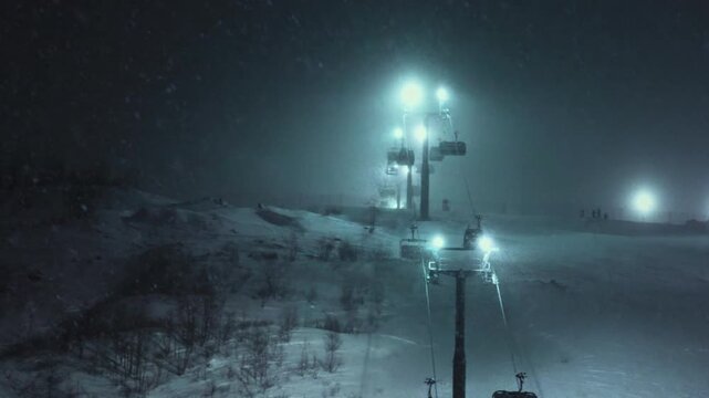Cableway at the mountain ski resort. Cable car in Arctic, tourists skiing in fog. Falling snow covered trees, powder night. Cold weather. Movement on funicular