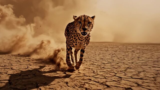 Cheetah Running on Dry Cracked Earth Landscape.