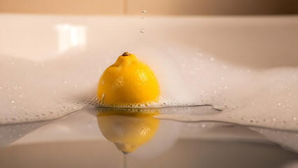 A vibrant yellow lemon floating in a bubbly bathtub with a water drop falling onto its surface, creating a gentle ripple.