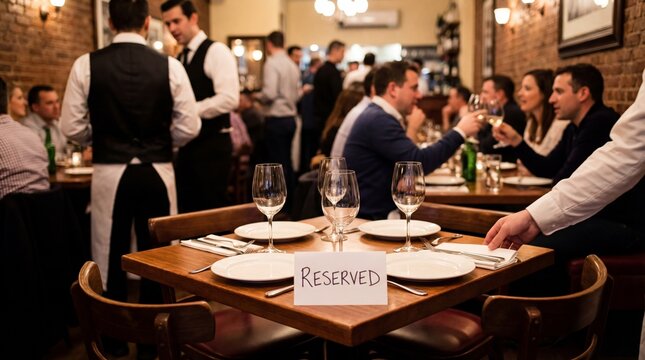 A busy restaurant interior with diners, waiters, and a reserved table in the foreground.