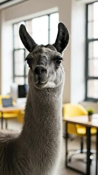 Llama in Modern Office Space with Yellow Chairs and Large Windows