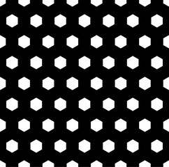 Honeycomb wallpaper. Repeated white interlocking polygons tessellation on black background. Seamless surface pattern design with regular hexagons. Grid motif. Digital paper for web designing. Vector.