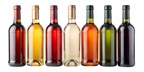 Assortment of Six Wine Bottles - Red, White, Rosé, Isolated on White Background Studio Shot