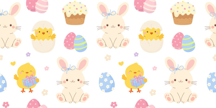 Cute Easter seamless pattern with bunny, yellow chicks, decorated eggs, Easter bread, flowers. Spring background for holiday designs. Flat vector illustration.