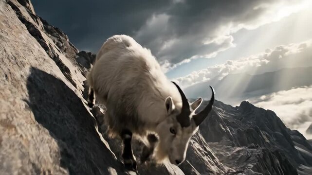 Mountain Goat Climbing Rocky Mountain Slope.