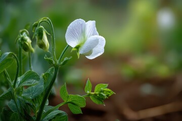 Macro photograph of a garden pea flower blooming in a sunlit June garden