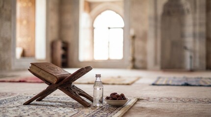 An open Quran on a wooden rehal with dates and water, set on a patterned carpet in a serene mosque, ready for prayer or Iftar.