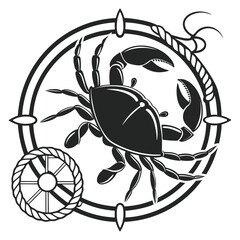 Clean crab silhouette placed inside a circular badge design. Ideal for seafood logos, restaurant branding, labels, stamps, packaging, and coastal business identities. Solid black vector ensures strong
