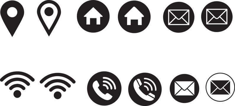 Set of black user interface icons including location, home, email, wifi and phone symbols isolated on white background