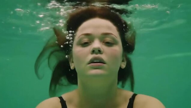 Woman underwater portrait with bubbles in green water