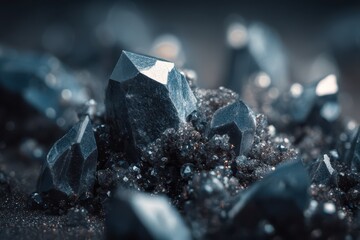 Macro photograph of silver crystals with faceted surfaces and icy reflections