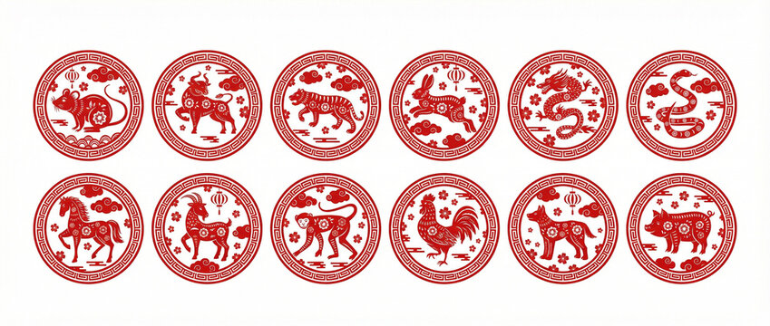 Chinese zodiac circle stamp. Animal of year circular emblem with floral pattern, decorative borders and traditional Asian ornaments. Animals of twelve zodiac signs vector illustration set.