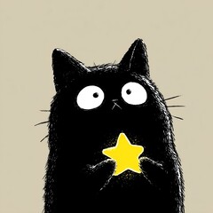 Curious Black Cat with a Shining Star