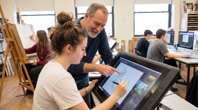 Senior art teacher mentoring female student drawing on digital tablet, creative design studio classroom, education technology, graphic design learning concept, sketching on screen.