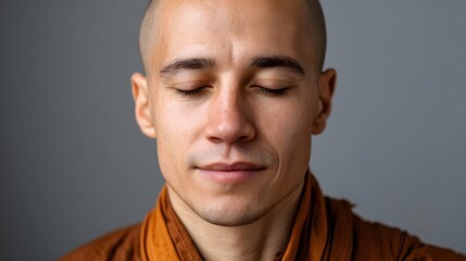 Fototapeta premium Close up portrait of a bald man in monk s robes meditating serenely with eyes closed