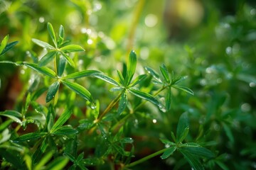 Obraz premium Macro shot of goosegrass leaves and whorled stems, dew drops glistening in soft garden light
