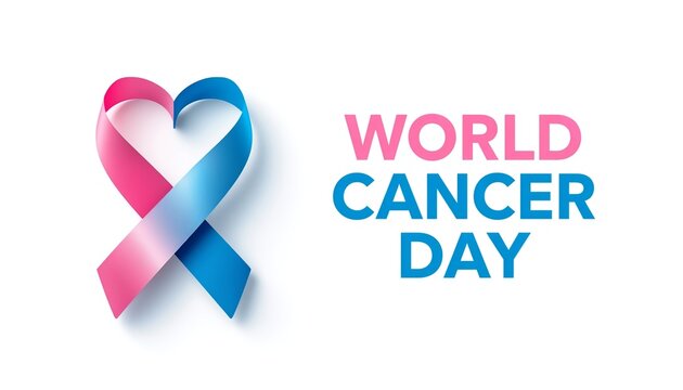 World cancer day concept with pink and blue awareness ribbon shaped like a heart next to the text