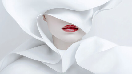 Minimalist fashion portrait of woman with red lips partially hidden by flowing white fabric