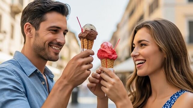 Couple Enjoying Ice Cream Cones in City Street on a Sunny Day