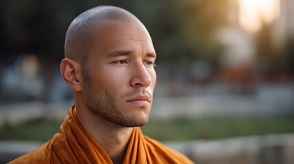 A bald monk in saffron robes meditates with a serene expression in the warm glow of golden hour light
