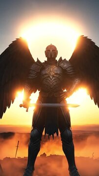 Majestic Warrior Angel with Wings and Sword against Sunrise in Epic Landscape