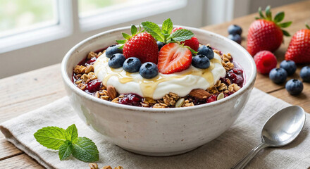 Bright Yogurt Parfait Bowl With Granola, Fresh Berries, And Mint For Breakfast Or Snack.