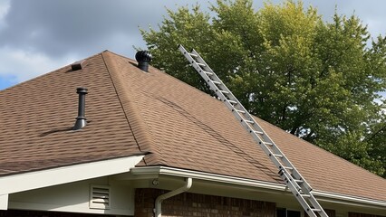 Extension ladder leaning against brown shingle roof with black roof vents under green trees