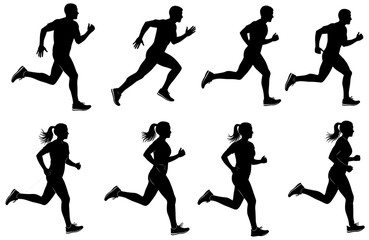 Running Silhouette Set &ndash; 8 Black Profiles of Male and Female Runners in Dynamic Motion