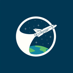 badge of space rocket orbiting the earth, logo vector illustration, stickers
