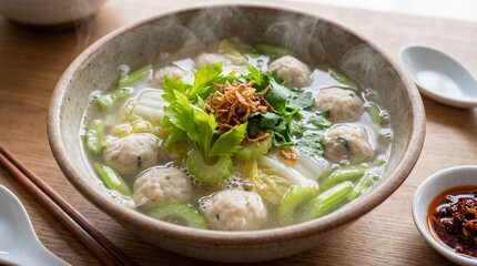 Steaming bowl of clear soup with meatballs, napa cabbage, celery, and fried shallots on a wooden table.