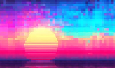 Pixelated Retro Sunset Over Ocean
