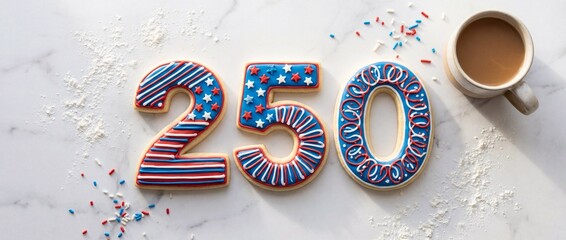 Large sugar cookies shaped as the number 250 decorated with patriotic royal icing, placed on a marble surface with a cup of coffee and sprinkles.