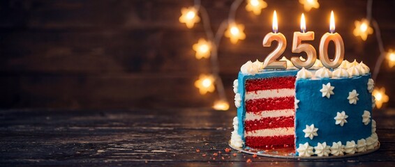 Festive red, white, and blue layer cake with gold 250 candles, celebrating the USA Semiquincentennial anniversary on a wooden background with bokeh lights.