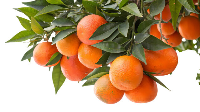 Fresh Blood Oranges Hanging on Tree Branch with Green Leaves, Isolated on White Background, Citrus Fruit Harvest