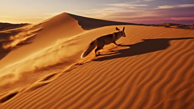 Fennec Fox Walking Through Desert Sand Dunes.