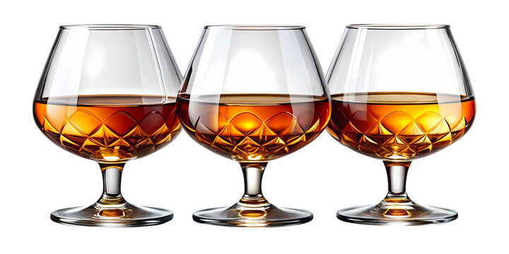 Three Crystal Brandy Snifter Glasses Filled with Amber Spirit on White Isolated Background