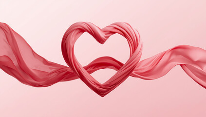 A beautiful heart shape formed by a piece of flowing pink fabric symbolizing romantic love and elegance on a soft pastel background