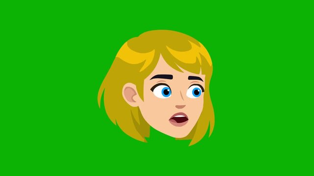 Animated blonde cartoon girl with long hair opens her mouth in surprise and speaks, seamless loop against solid green screen background. Ideal for tutorials, social media avatars, and chroma key compo