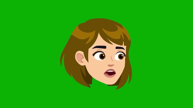 Cute animated girl with brown hair opens her mouth in surprise and talks in a seamless loop on green screen background. Great for educational videos, app avatars, and chroma key dubbing.