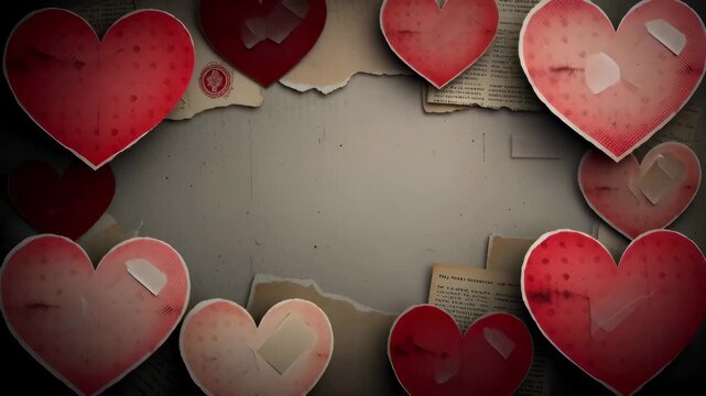 Multiple red and pink heart shapes with faded texture arranged on a textured background with ripped paper for Valentine&rsquo;s Day
