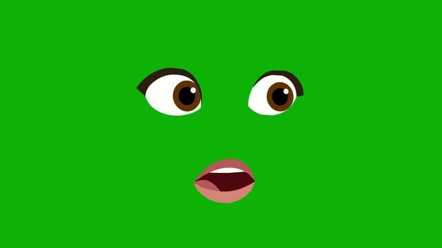 Animated cartoon female eyes and open mouth in surprised expression, seamless loop on green screen background. Great for shock reactions, explainer videos, and modular talking head parts.