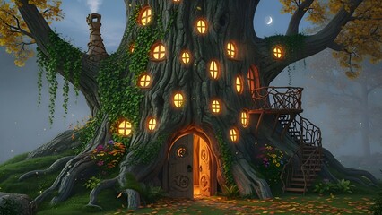 Mystical treehouse with glowing windows stands amidst autumn foliage under a moonlit sky, viewed from a gentle slope