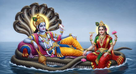 Lord Vishnu and Goddess Lakshmi Resting on Sheshnag in Cosmic Ocean Hindu Mythology Illustration