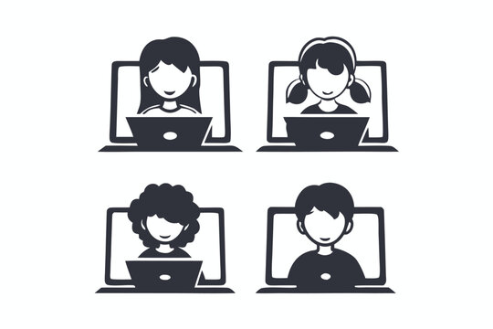 Four diverse kids joyfully use laptops in an educational setting