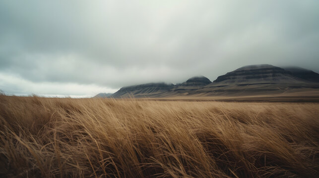 Golden Grass Plains with Moody Mountain Clouds