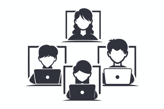 Four faceless people connect through computers in a monochrome square layout