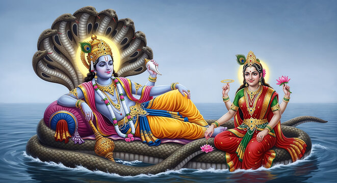 Lord Vishnu and Goddess Lakshmi Resting on Sheshnag in Cosmic Ocean Hindu Mythology Illustration