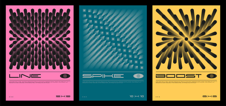 Colorful abstract array poster 3D spike and line illusions. Vibrant gradient techno design. Vector collection