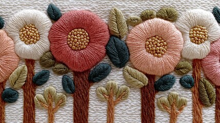 Stitching displays a variety of flowers in different colors along with leaves and trunks on a textured fabric background. The design highlights the craft of embroidery and its vibrant details